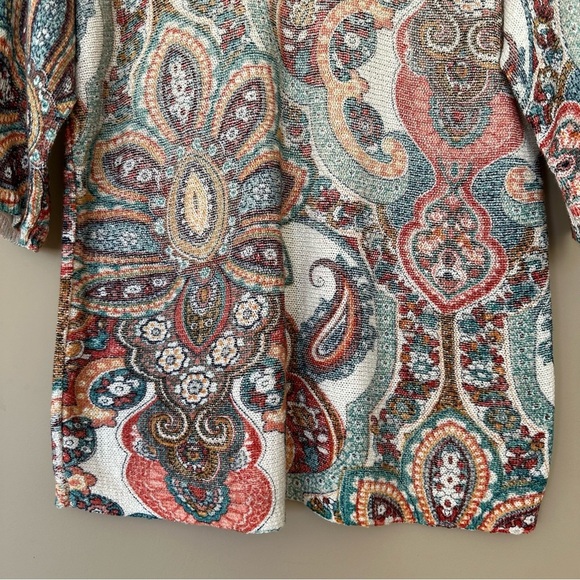 SOLD Chicos XL Paisley Sweater Cross Back Long Tunic Length Colorful 3/4 Sleeve - Picture 5 of 11